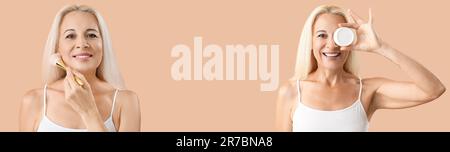 Reife blonde Frau mit Kosmetikcreme und Make-up-Pinsel auf beigefarbenem Hintergrund. Banner für Design Stockfoto