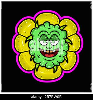 Karikaturenmaskottchen aus Weed Bud auf Blume. Perfekt für Etiketten, Einband, Verpackung und Produktdesign. Vektoren und Illustrationen. Stock Vektor