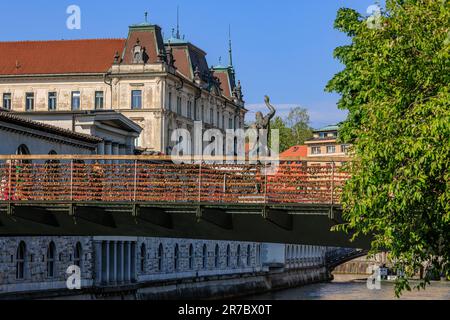 Hunderte von roten Liebesschlössern hängen an den Seiten der Metzgerbrücke mit ihren Bronzeskulpturen, die den Ijubljianica Rive zum zentralen Markt überqueren Stockfoto