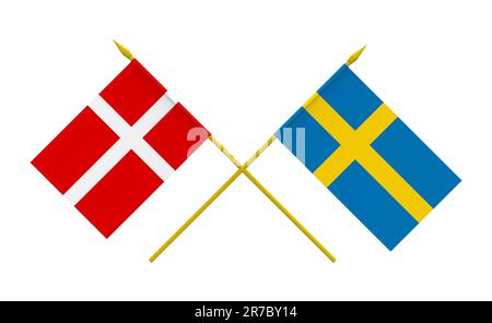 Dänische und schwedische Flaggen, 3D Rendern, isoliert auf weiß Stockfoto
