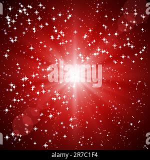 Abstrakter roter Hintergrund von Lichtstrahlen und Sternen. Stock Vektor