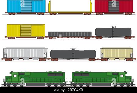 Verschiedene gewöhnliche Güterwaggons in Nordamerika und zwei Dieselmotoren. Autos und Motoren können kopiert und zu einem großen Zug eingefügt werden. Stock Vektor