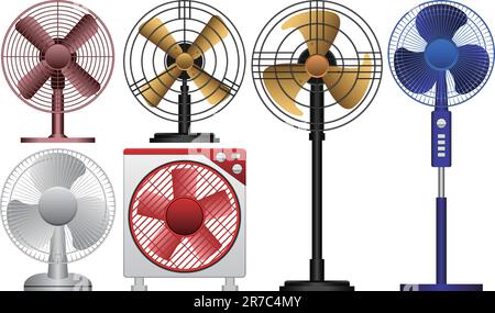 Mehrschichtige Vektordarstellung verschiedener Arten elektrischer Lüfter. Stock Vektor