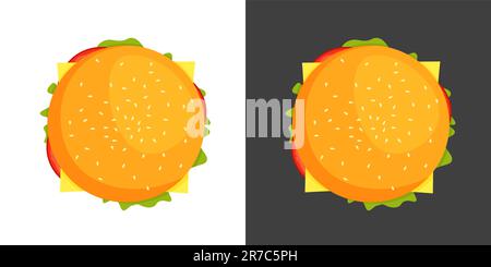 Vector-Hamburger, Draufsicht. Burger mit Käse, Tomaten, Kotelett, Salat. Fast Food oder Junkfood. Abbildung: Menü isoliert auf weiß und schwarz. Stock Vektor