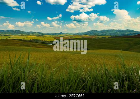 Atemberaubende toskanische Panoramalandschaft mit grünen Hügeln am Morgen, Volterra Stockfoto