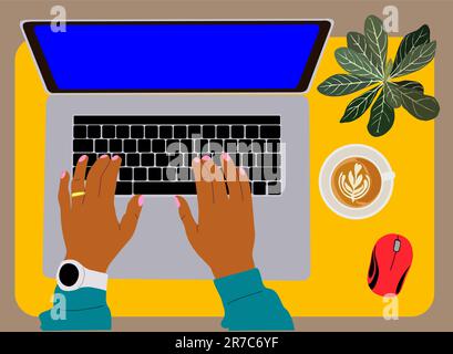 Weibliche Hände, die am Laptop arbeiten, mit Blick auf den Schreibtisch. Stock Vektor