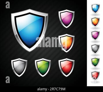 Glänzende und farbenfrohe Schilde mit Chromrändern Stock Vektor