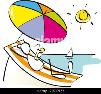 Ein Mann, der sich ausruht und den Sommer am Strand unter dem Sonnenschirm genießt Stock Vektor