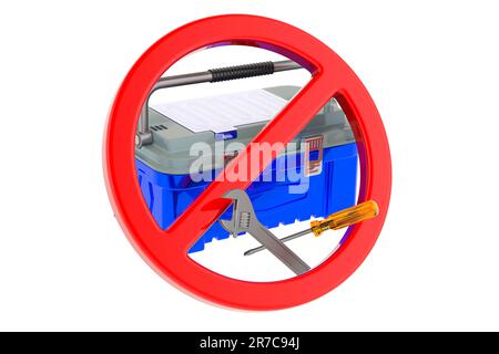 Toolbox mit verbotenem Symbol, 3D-Rendering auf weißem Hintergrund isoliert Stockfoto