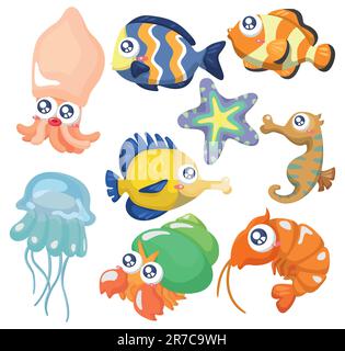 Cartoon-Fischsammlung, Symbolset Stock Vektor