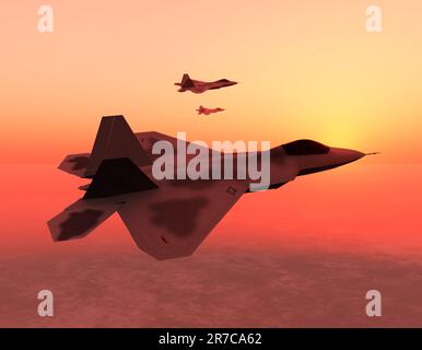 Sunset findet eine Einheit F-22-Kampfjets auf Patrouille über die Umwelt. Stockfoto