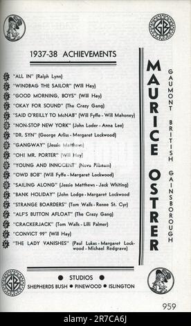 Werbeanzeige für MAURICE OSTRER, verantwortlich für die Produktion bei GAUMONT-BRITISH und GAINSBOROUGH, in der die neuesten Erfolge, darunter OH! HERR PORTER und STRÄFLING 99 mit will Hay und YOUNG AND INNOCENT and THE LADY VERSCHWINDET beide unter der Regie Alfred Hitchcock aus dem International Motion Picture Almanac 1938-39, herausgegeben von Terry Ramsaye Quigley Publishing Company, New York Stockfoto