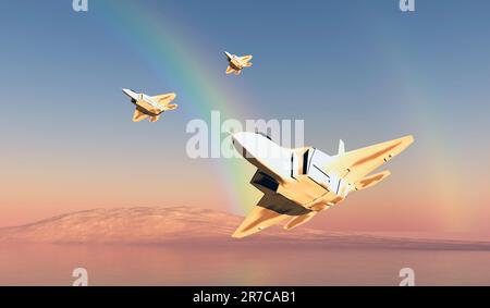 Ein Regenbogen findet eine Einheit F-22-Kampfflugzeuge auf Patrouille über die Umwelt. Stockfoto