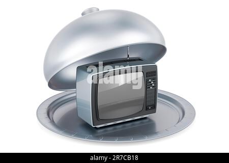 Restaurant-Cloche mit Retro-Fernseher, 3D-Rendering isoliert auf weißem Hintergrund Stockfoto