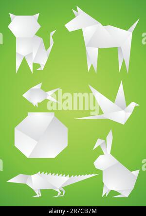 Origami Pets des Weißbuchs auf grünem Hintergrund Stock Vektor