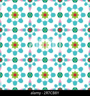 Texturdesign (nahtlose Fliesen) mit Blumen und Sternen in Grün, Blau, Pink und Rot Stock Vektor