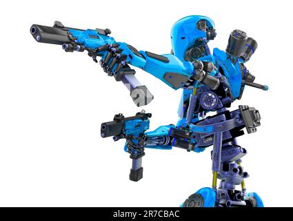 Superroboter in Aktion mit doppelter Pistolenhaltung, 3D-Darstellung Stockfoto