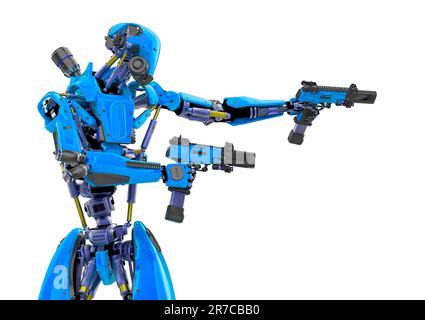 Superroboter in doppelter Pistolenstellung, 3D-Darstellung Stockfoto