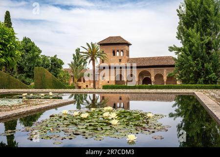 Partalpalast und Gärten im El Partal-Viertel der Alhambra - Granada, Andalusien, Spanien Stockfoto