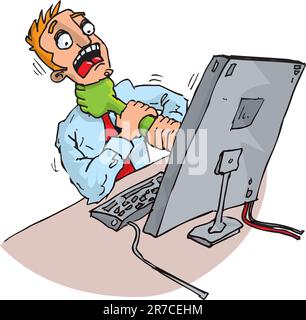 Büroangestellter in einem Cartoon, der von seinem Computer angegriffen wurde. Isoliert auf weiß Stock Vektor