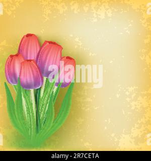Abstract Grunge Blumenkarte mit Tulpen auf gelb Stock Vektor
