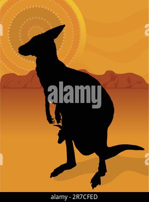 Die Silhouette eines Kängurus mit ihrem joey vor dem Hintergrund des Outbacks mit der Sonne der Ureinwohner. Stock Vektor
