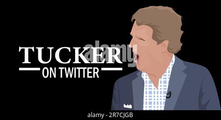 Am 6. Juni 2023 veröffentlichte ujlf Tucker Carlson die erste Folge seiner eigenen Show auf Twitter.Portrait des ehemaligen Fox News-Moderators Tucker Carlson mit seinem Mund Stock Vektor