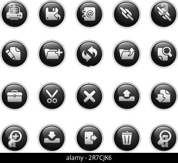 Vektorsymbole in glänzenden schwarzen Schaltflächen. Stock Vektor