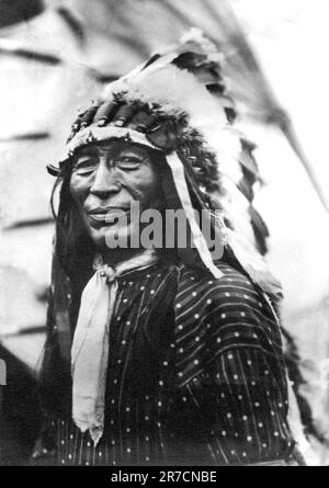 South Dakota: 1898 Ein Porträt von Iron Tail, Oglala Sioux Chief, der einer der drei Häuptlinge der amerikanischen Ureinwohner war, die das zusammengesetzte Profil auf dem Buffalo Nickel kreierten. Das Bild wurde von der ursprünglichen Glasplatte aus dem Jahr 1910 gedruckt. Iron Tail starb 1916. Stockfoto