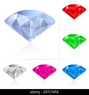 Realistische Diamanten in verschiedenen Farben. Illustration für Design auf weißem Hintergrund Stock Vektor