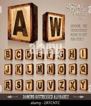 3D-er Alphabet im Vintage-Domino-Stil mit antikem Used-Look. Schatten sind transparent und können daher überall platziert werden Stock Vektor
