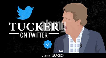 Am 6. Juni 2023 veröffentlichte ujlf Tucker Carlson die erste Folge seiner eigenen Show auf Twitter. Porträt des ehemaligen Fox News-Moderators Tucker Carlson mit seinem Make-up Stock Vektor