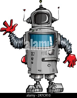 Der Zeichentrickroboter winkt mit der Hand. Isoliert auf weiß Stock Vektor