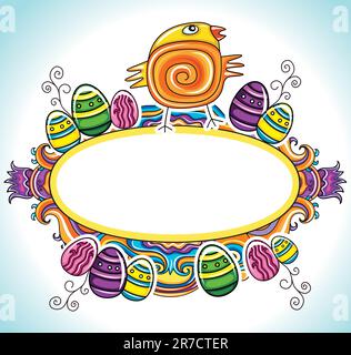 Holiday Easter Frame mit weißem Bereich für Ihren Text: Süßes, lustiges Ostermädchen, farbenfrohe gemalte ostereier. Blumenelemente wie Blumen und Pflanzen ... Stock Vektor
