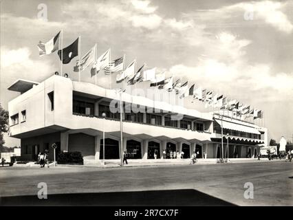 1955 , august , LIDO di VENEZIA , ITALIEN : der gefeierte PALAZZO DEL CINEMA während der Mostra internazionale d'arte cinematografica di Venezia ( Esposizione Internazionale d'Arte Cinematografica - Biennale di Venezia ). Eröffnet am 10. august 1937 für die V Edition des Filmfestivals , entworfen im RATIONALISTISCHEN Stil vom Architekten LUIGI QUAGLIATA ( 1899 - 1991 ). Unbekannter Fotograf .- FESTIVAL DEL CINEMA - CINEMATOGRAFICO - ITALIA - ARCHITETTURA RAZIONALISTA - RATIONALISTISCHE ARCHITEKTUR - VENEDIG - Flagge - bandiera - Nationalflaggen - bandiere nazionali - TURISMO - TOURISMUS - Turisti - Tourist - Stockfoto