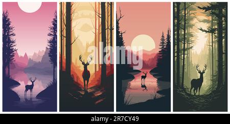 Hirsche im Wald. Vektorsatz mit vertikalen Postern zur Tierwelt in verschiedenen gedämpften Farbtönen. Stock Vektor