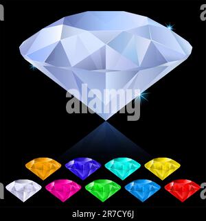 Realistische Diamanten in verschiedenen Farben. Illustration für Design auf schwarzem Hintergrund Stock Vektor