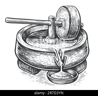 Manueller alter Mühlstein. Handmühlsteine für Getreide mit Stielhalter. Gravurdarstellung der Skizze Stock Vektor