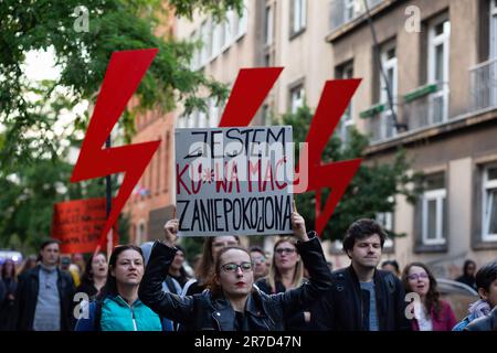 Eine Frau hält ein Plakat, auf dem sie ihre Meinung während der Demonstration gegen das restriktive Abtreibungsgesetz in Polen zum Ausdruck bringt. Proteste im ganzen Land kommen nach Dorota Laliks Tod im Alter von 33 war sie schwanger und starb am 24. Mai 2023 im John Paul II Krankenhaus in Nowy Targ, Südpolen. Polen verfügt über eines der restriktivsten europäischen Abtreibungsgesetze. Die Demonstranten gingen vom Hauptmarktplatz durch die Straßen von Krakau zum Frauenrechtsplatz in der Nähe des Büros der herrschenden rechtsextremen Partei PiS (Recht und Gerechtigkeit) und neben dem päpstlichen Fenster. Stockfoto