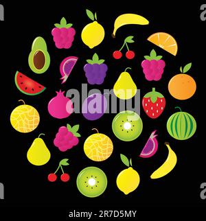 Frisches Obst und Beerenscheiben und Elemente. Vektordarstellung Stock Vektor
