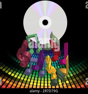 Hintergrundmusik – CD und Noten über mehrfarbigen Equalizer Stock Vektor