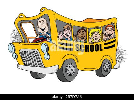 Cartoon-Bild eines Schulbusses, der eine Gruppe Kinder zurück zur Schule bringt. Stock Vektor