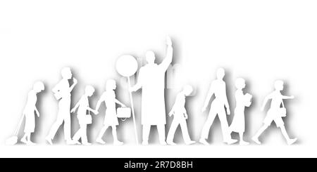 Bearbeitbares Vektor Ausschnitt Silhouetten von Schulkindern überqueren einer Straße mit Hintergrund Schatten unter Verwendung einer Verlaufsgitter Stock Vektor