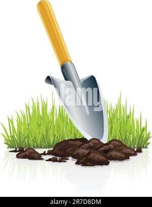 Darstellung von Gartenschaufel und Grasvektor isoliert auf weißem Hintergrund Stock Vektor