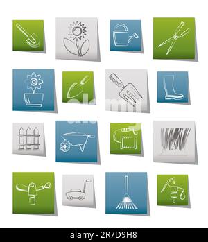 Garten und im Garten arbeitende Werkzeuge und Objekte, Symbole - Vektor Icon Set Stock Vektor