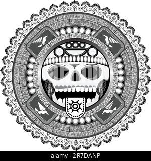 Die stilisierte Gottheit der Azteken mit einem Schädel in einem Vektor Stock Vektor