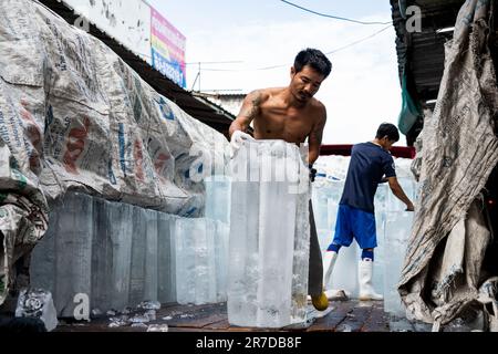 Bangkok, Thailand. 15. Juni 2023. Die Arbeiter transportieren Eis auf dem Khlong Toey Wet Market. Das tägliche Leben in Bangkok, Thailand, hat sich die Wirtschaft erholt, wobei das Finanzministerium eine wirtschaftliche Expansion von 2,6 % im letzten Jahr und von 3,6 % in diesem Jahr ausgeht, wobei der internationale Tourismus ein Schlüsselfaktor für die wirtschaftliche Erholung nach der COVID-19-Pandemie ist. Kredit: Matt Hunt/Neato/Alamy Live News Stockfoto