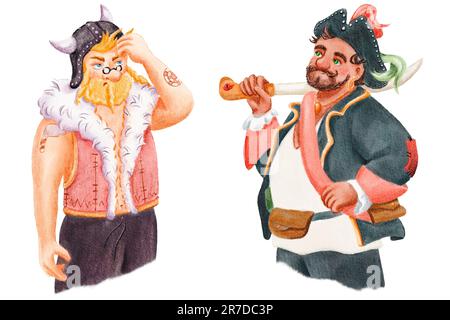Set aus Cartoon, niedlichem Piraten mit Hut und uralten skandinavischen Wikingern mit Brille und Pelzweste. Handgezeichnete Aquarell-Illustration. Lustiger, süßer Cartoon Stockfoto