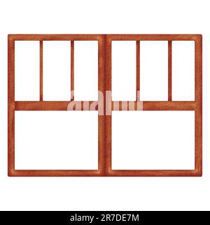 Fensterrahmen aus Holz. Fenster Rückrechnung. Ein leerer Blick aus dem Haus für Ihr Design. Isolierte Aquarelldarstellung. Schließen. Element des Innenraums Stockfoto