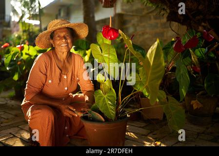 Ältere indische Farmerin, die Blumen pflanzt und glücklich lächelt. Ältere Sri-lankische fröhliche Frau, die in ihrem Garten sitzt und sich um blühende Pflanzen kümmert Stockfoto